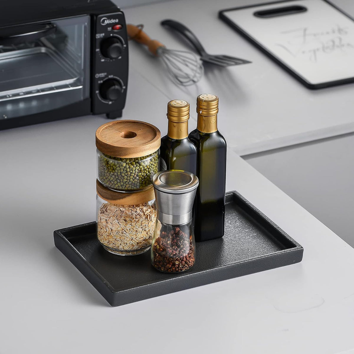 Ceramic Bathroom Sink Tray, Black Graininess Vanity Tray Decor Perfume Trays for Dresser Holder for Jewelry Candle Soap Plant Towel Cosmetic Organizer Rectangle Large