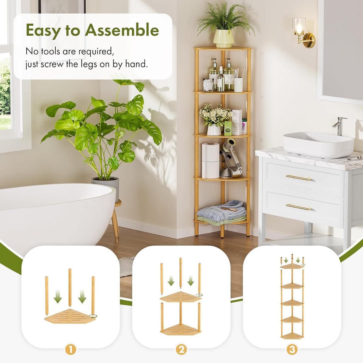 Corner Shelf, 5 Tier Bamboo Corner Bookshelf, 54" Tall Narrow Bookcase, Plant Stand, Corner Display Rack, Shower Caddy, Display Standing Shelf Organizer for Bedroom, Living Room, Kitchen, Apartment
