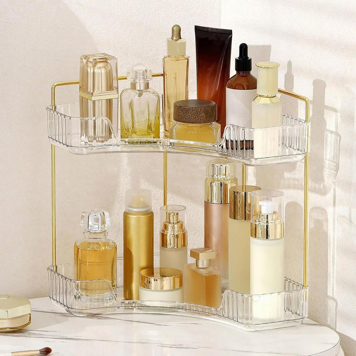 YCIA&DONE Corner Bathroom Counter Organizer, Makeup Organizer for Vanity, Skincare Cosmetic Perfume Tray, Corner Countertop Shelf Rack Storage for Bathroom Kitchen 2 Tiers (Clear White)