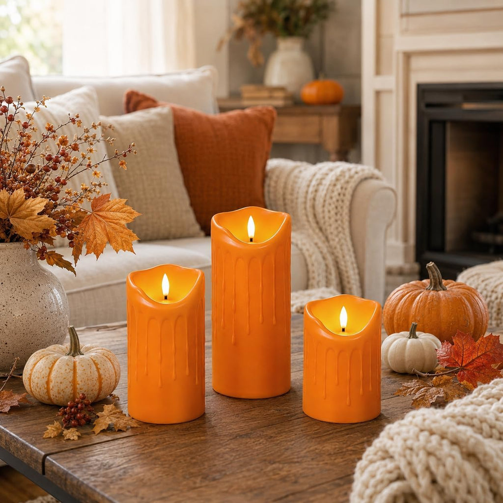 Orange Flameless Candles 5 Pack, Battery Operated Pillar Candles Fall Decor