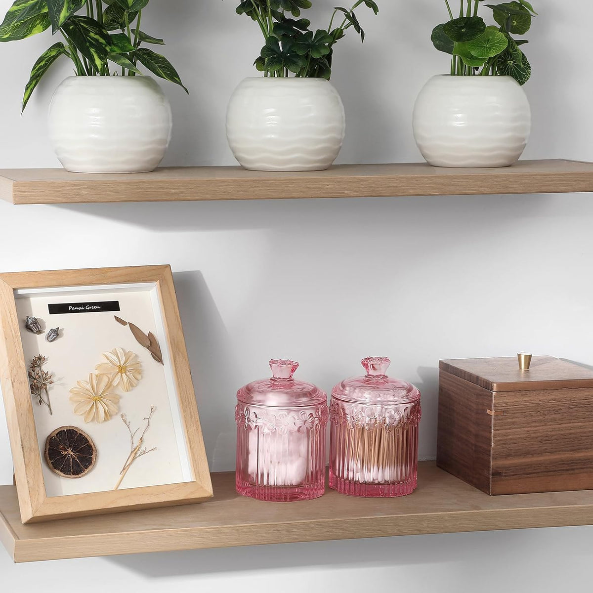 rejomiik 2 Pack Qtip Holder Glass Apothecary Jars with Lids, Pink