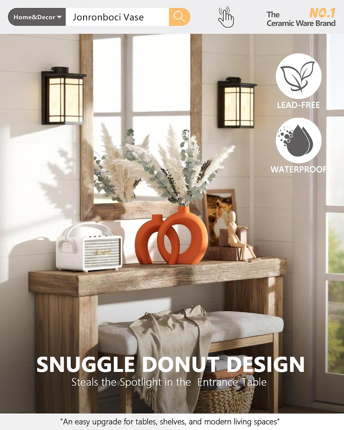 Set of 2 Orange Ceramic Vases for Home Decor Accents - Unique Hollow Donut Artistic Design Mid-Century Modern Eclectic Fall Style Decorative Vases for Shelf, Mantel, Entryway Table Decor(Matte Orange)