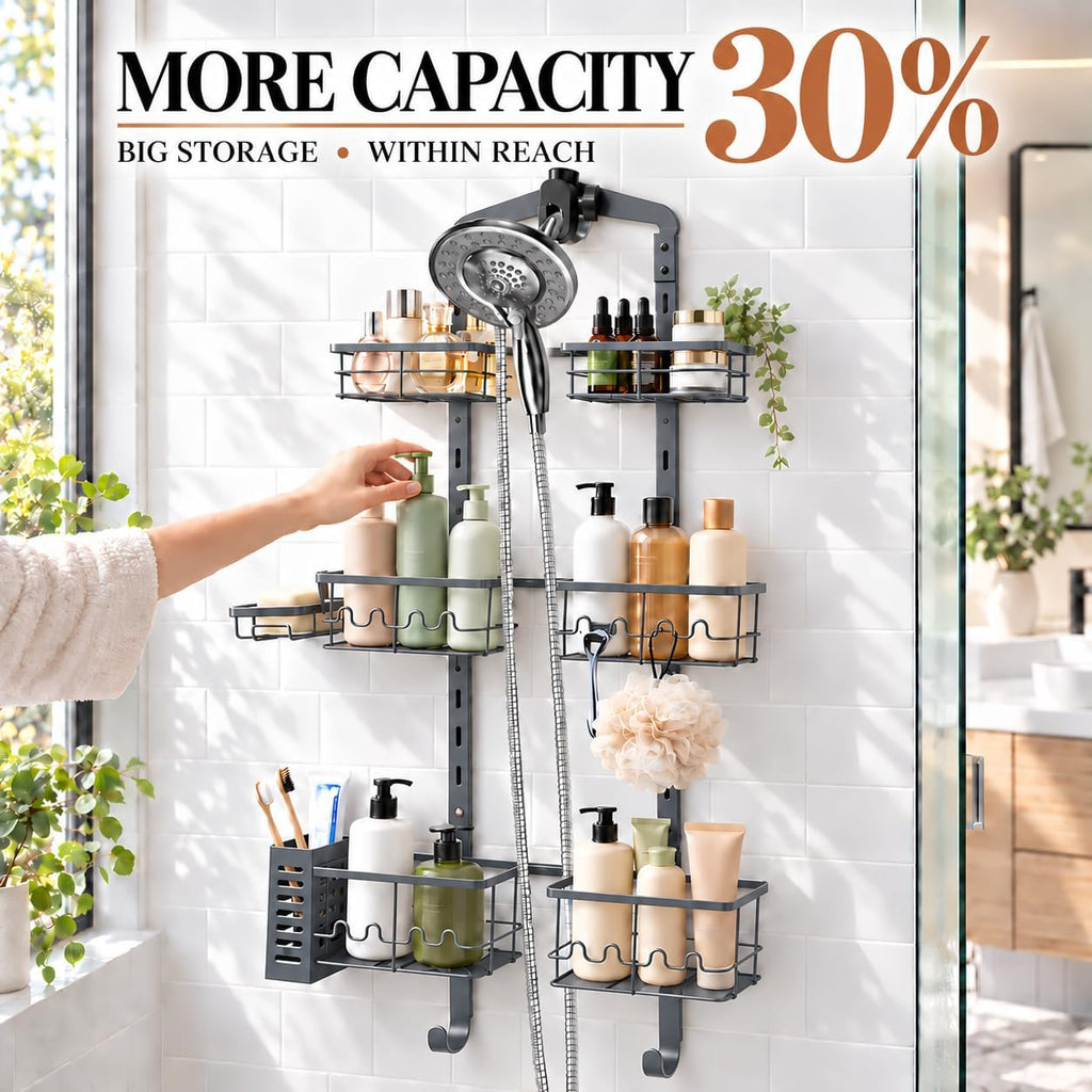 Extra Large Shower Caddy Hanging, Rust-Resistant Shower Organizer Hanging,3 Tier Height-Adjustable Over the Head Caddy,Rack with Soap Basket (Gray)
