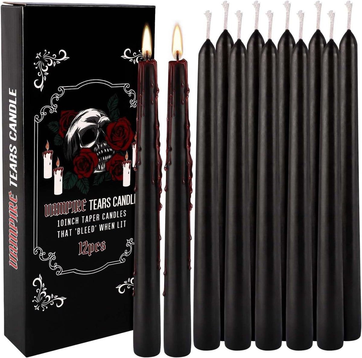 YOROXRG 12PCS 10-Inch Black Bleeding Taper Candles,Vampire Tears Taper Candles- Unscented Ideal for Halloween, Christmas, Rituals, and Themed Party Decor