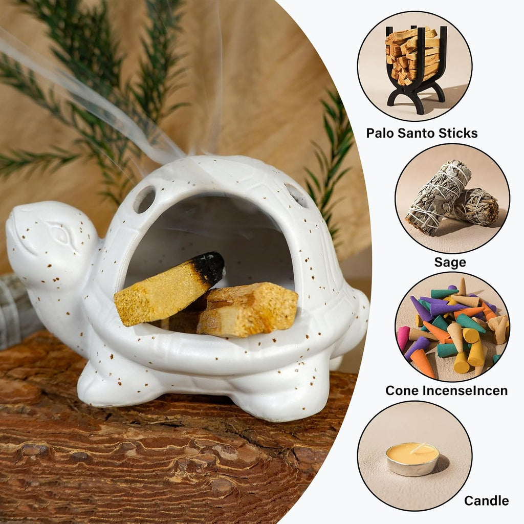 Mougigi Handcrafted White Ceramic Turtle Palo Santo Holder, Sage,