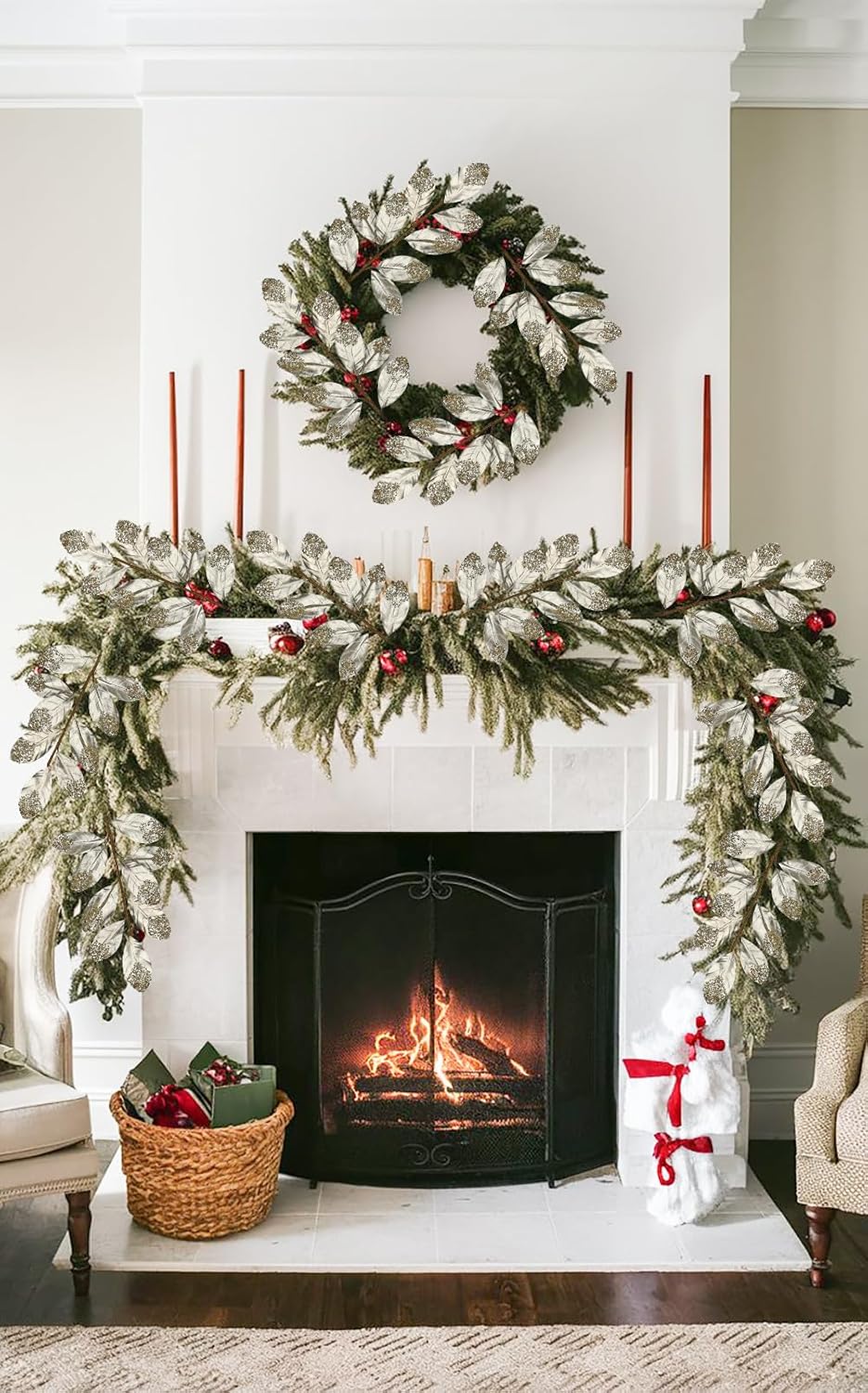 Hollyone Christmas Tree Picks and Sprays 3Pcs Champagne Artificial Magnolia Stems Magnolia Leaves Branches Fake Gold Leaf Floral for Vase DIY Xmas Tree Garland Wreath Centerpieces Wedding Decor