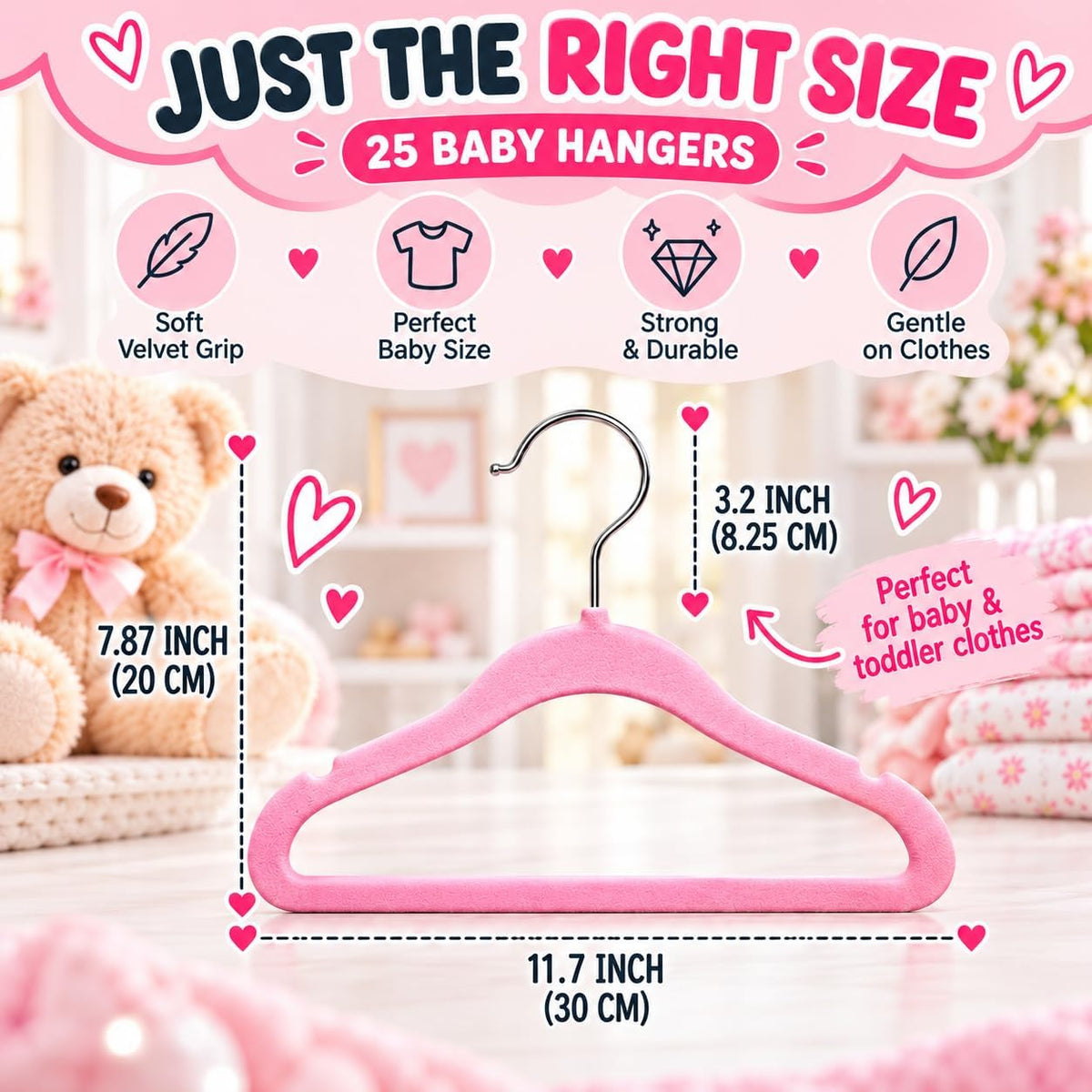 TechZoo 50 Premium Baby Velvet Hangers - 11.8 Inches Non-Slip & Ultra-Slim Baby Hangers for Space-Saving & Children Clothes - 360 Swivel Hook, Strong & Durable Infant & Toddler Clothes Hanger - Pink