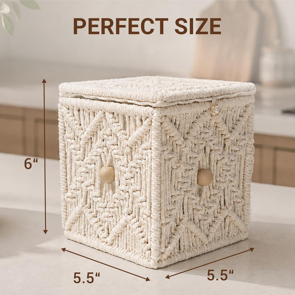 Macrame Tissue Box Cover, Boho Square Tissue Holder, Handmade Woven Cotton Rope Decorative Facial Tissue Dispenser for Bathroom Vanity, Living Room, Bedroom and Office, Off-White