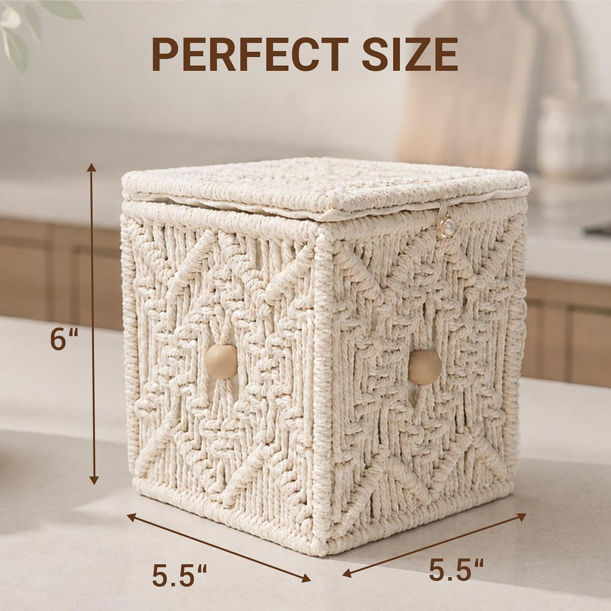 Macrame Tissue Box Cover, Boho Square Tissue Holder, Handmade Woven Cotton Rope Decorative Facial Tissue Dispenser for Bathroom Vanity, Living Room, Bedroom and Office, Off-White