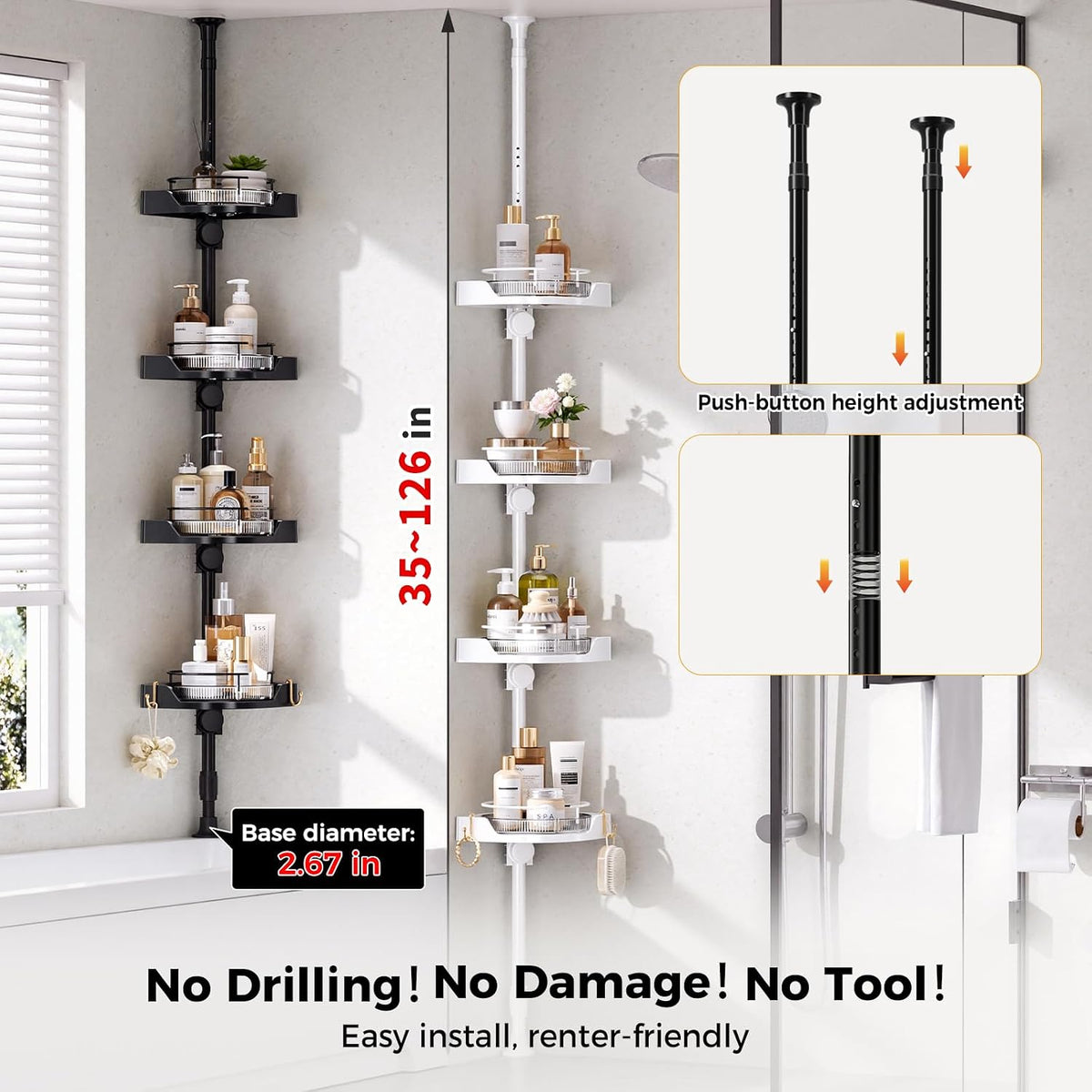 360°Rotating Corner Shower Caddy Organizer Tension Pole,Black