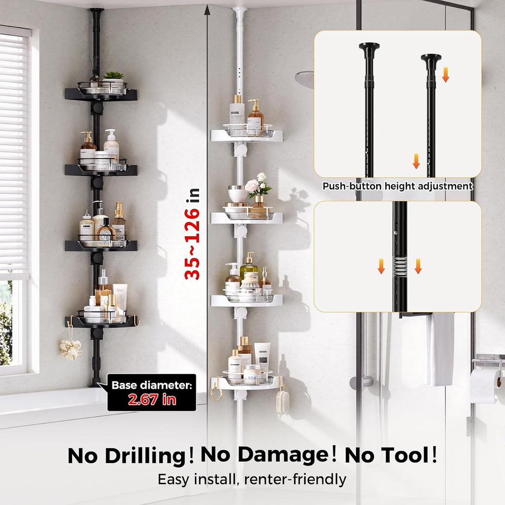 360°Rotating Corner Shower Caddy Organizer Tension Pole,White