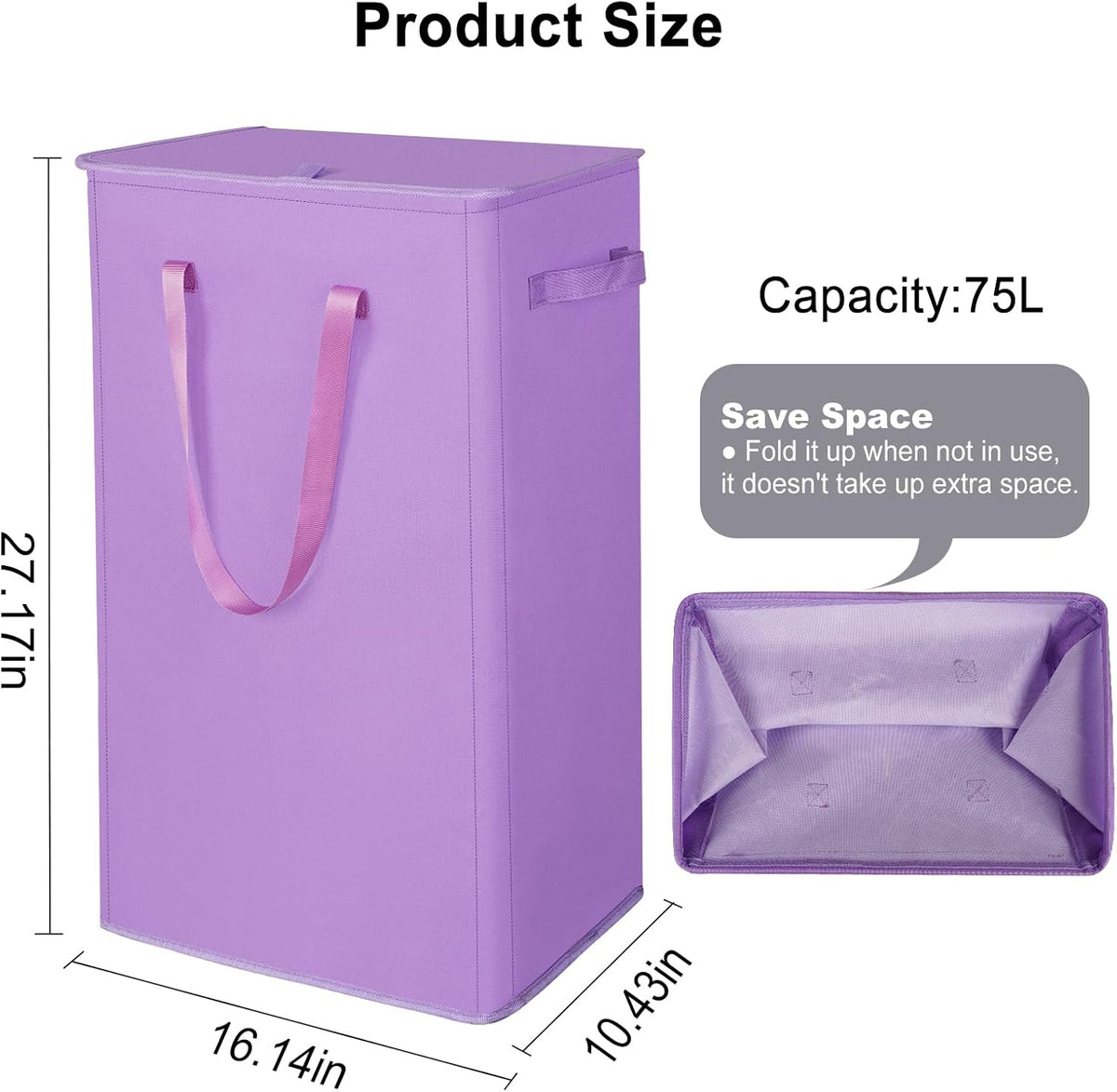 Odonata 75L Slim Laundry Hamper with Lid,Large Foldable Laundry Basket with Removable Bag and Handles Tall Collapsible Dirty Clothes Basket Great for Bedroom, Bathroom, Dorm, College,RV.(Purple, 75L)