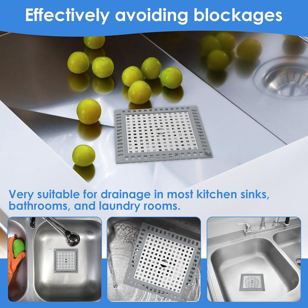 4 Pack Drain Hair Catcher, 4.8" Square Shower Drain Cover, 304 Stainless Steel Drain Strainer with Non-Slip Silicone Edge for Bathroom Floor Drain, Sink, Bathtub and Laundry