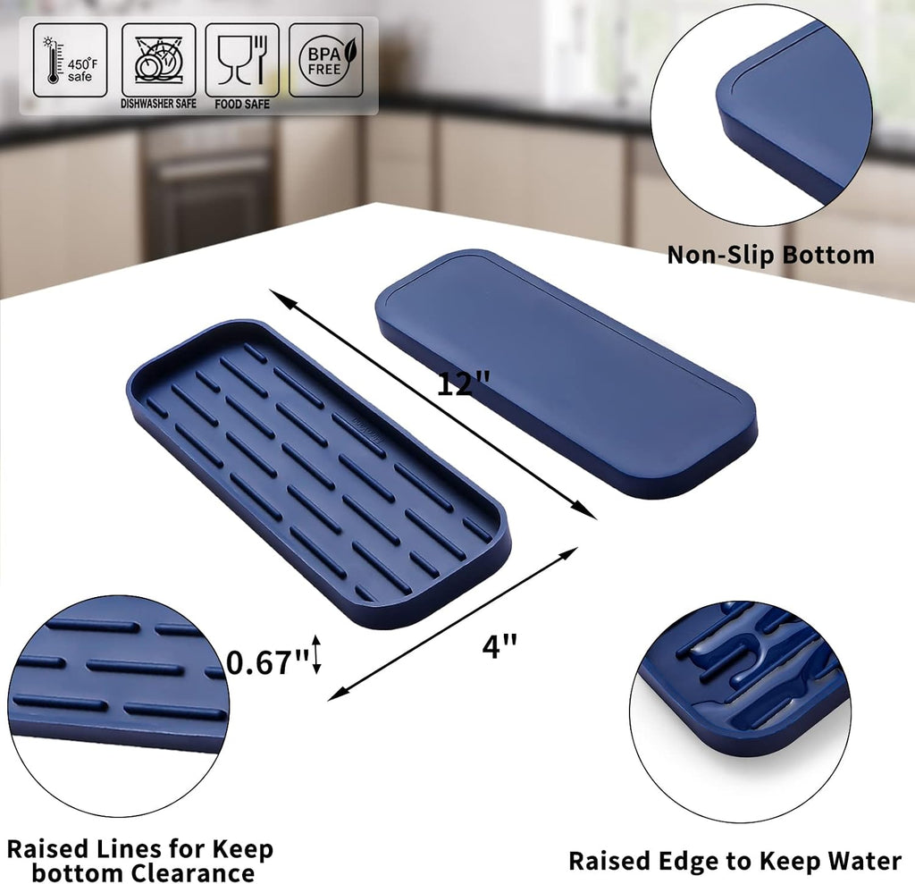 MicoYang Silicone Kitchen Sink Organizer Tray for Multiple Usage,Eco-Friendly Sponges Holder for Kitchen Bathroom Counter or Sink,Dish Soap Dispenser,Scrubber,Bottle,Cup (Navy Blue, 12"×4")