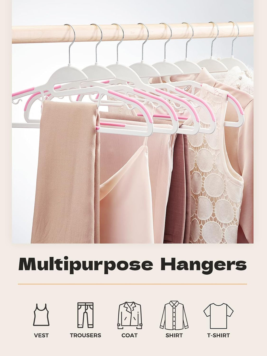 HOUSE DAY Slim Plastic Hangers with Non Slip Rubber Pads, 100 Pack, Pink