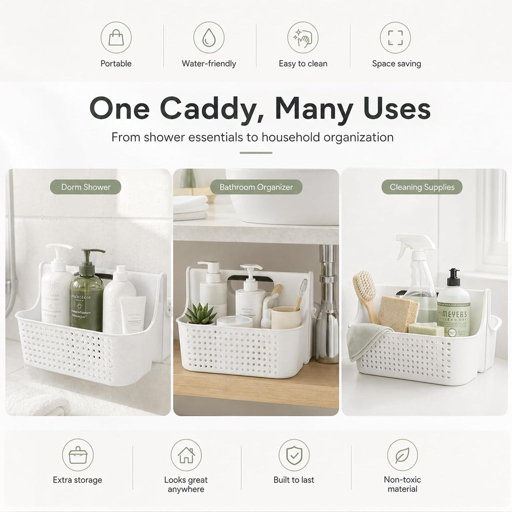 Haundry Portable Shower Caddy Basket, 2 Compartments Plastic Cleaning Caddy Organizer, Large Storage Tote with Handle for Bathroom, College, Dorm Room Essentials, White