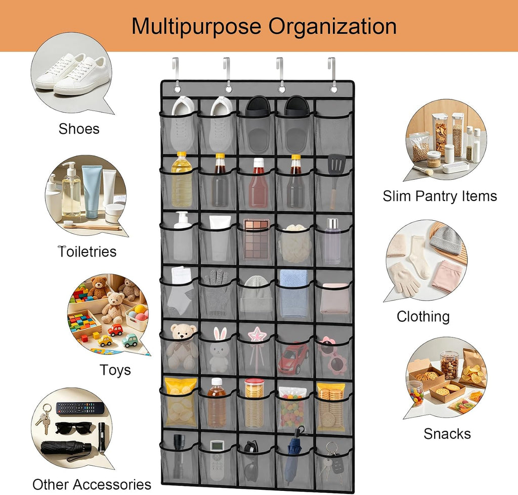 35 Pockets Over The Door Shoe Organizer, Large Breathable Mesh Hanging Shoe Rack with 4 Metal Hooks, Space Saving Gray Over Door Shoe Storage Holder Mesh Bag for Closet Entryway Bedroom Pantry