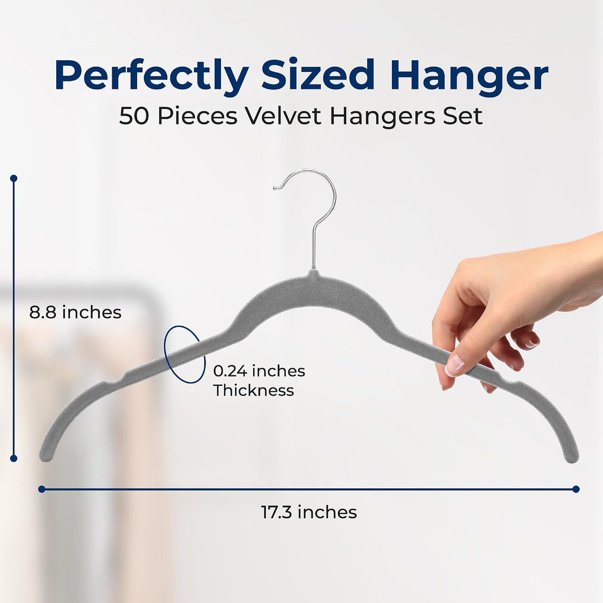 SereneLife 50 Piece Grey Velvet Shirt Hangers - Non Slip Space Saving, Heavy Duty Coat Hanger Set, Holds Up to 8 lbs, Ultra Thin Closet Organizers with Soft Velvet Finish for Shirts, Jackets, Dresses