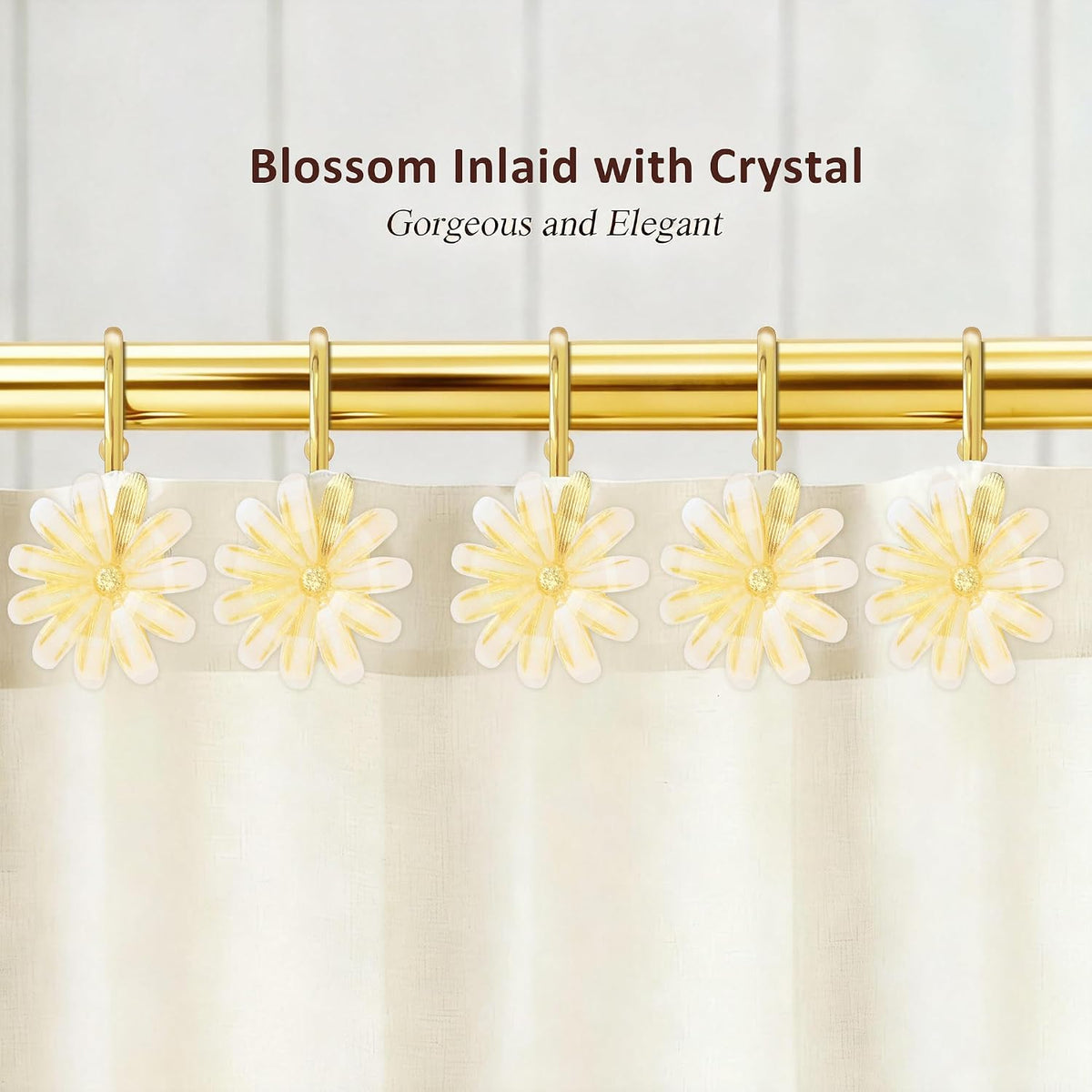 Shower Curtain Hooks, Rust Resistant Cute Daisy Metal Decorative Shower Rings Hangers Set of 12 for Bathroom Curtains,Clothing, Towels (Gold White)