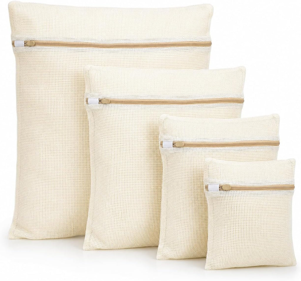 IMIKEYA Mesh Laundry Bags for Delicates, 4 Pack Cotton Zippered Wash Bags in 4 Sizes for Bras, Underwear, Socks, Sweaters, Baby Clothes, Travel and Dorm Organization