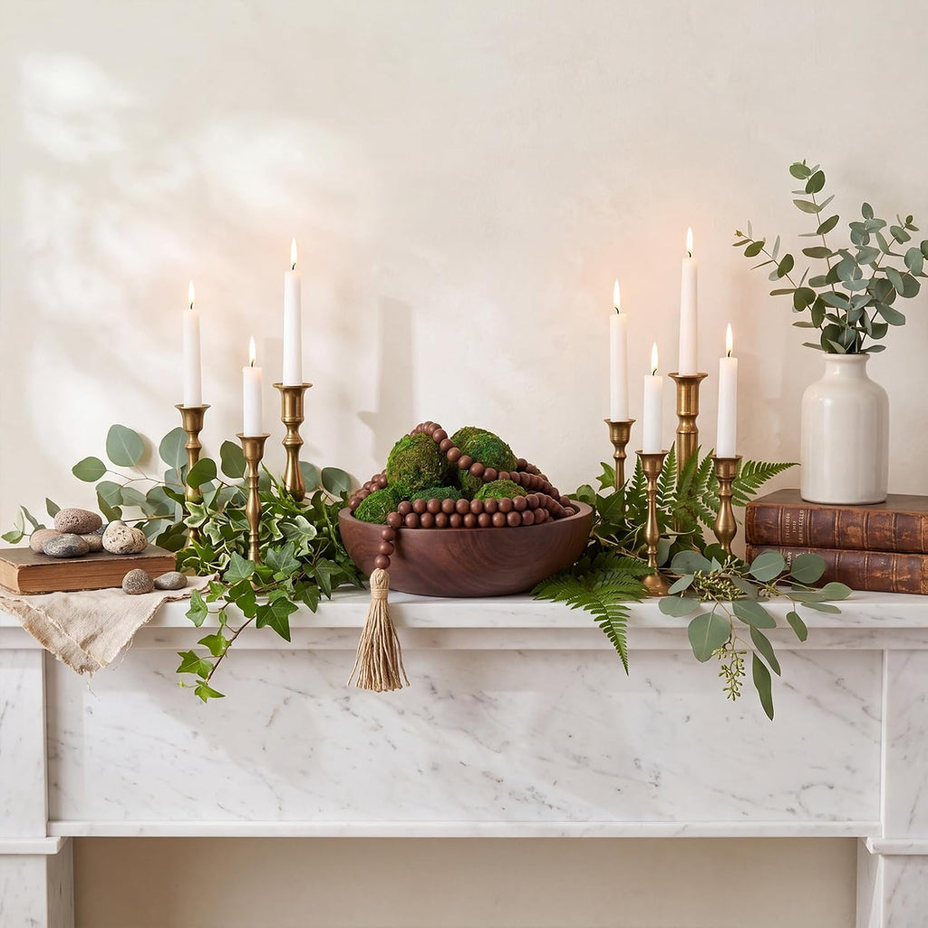 SiliFine 14 Pcs Rustic Table Decor Set, Wooden Bowl with Moss Balls, Brown