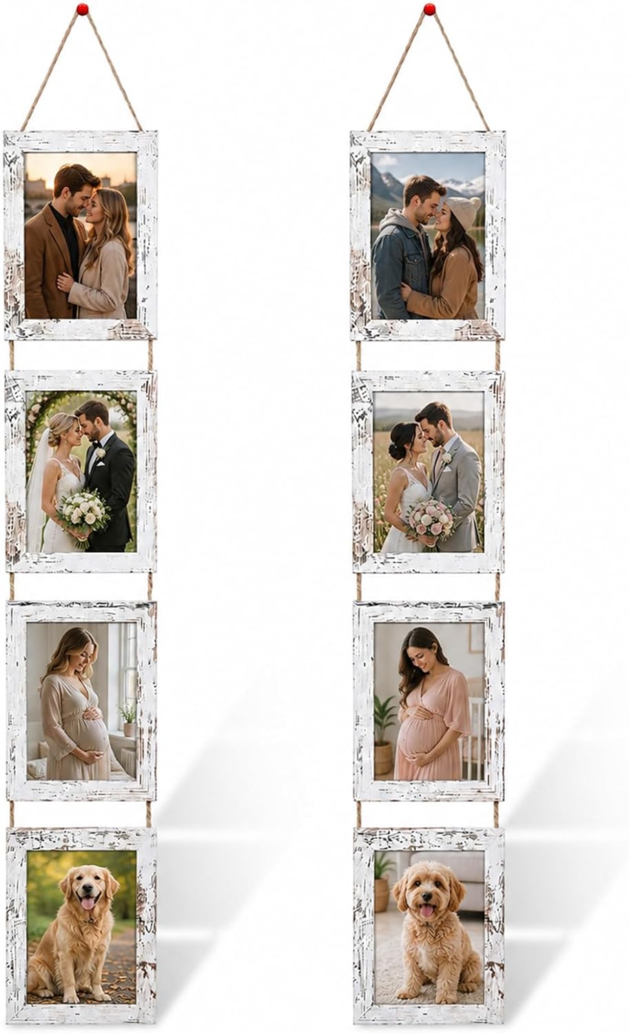 4x6 Distressed White Hanging Collage Picture Frames Set of 2, 8 Openings Collage Photo Frames Rustic Wooden Real Glass Vertical Hanging（Distressed White）