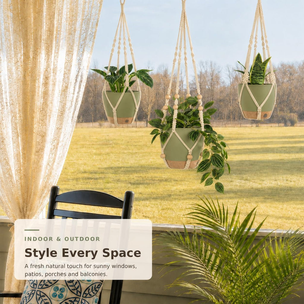 Bouqlife 3 Pack Hanging Planters for Indoor Plants Macrame Plant Hangers with Self Watering Flower Pots, 3 Different Size (Sage Green, Medium)