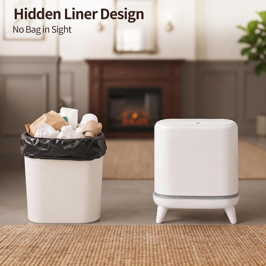 Slim Bathroom Trash Can with Lid, Narrow 3.3 Gallon Trash Can for Tight Spaces, Hidden Liner, Press-to-Open Lid, Patented Bag-Fit Design, Elevated Legs, White