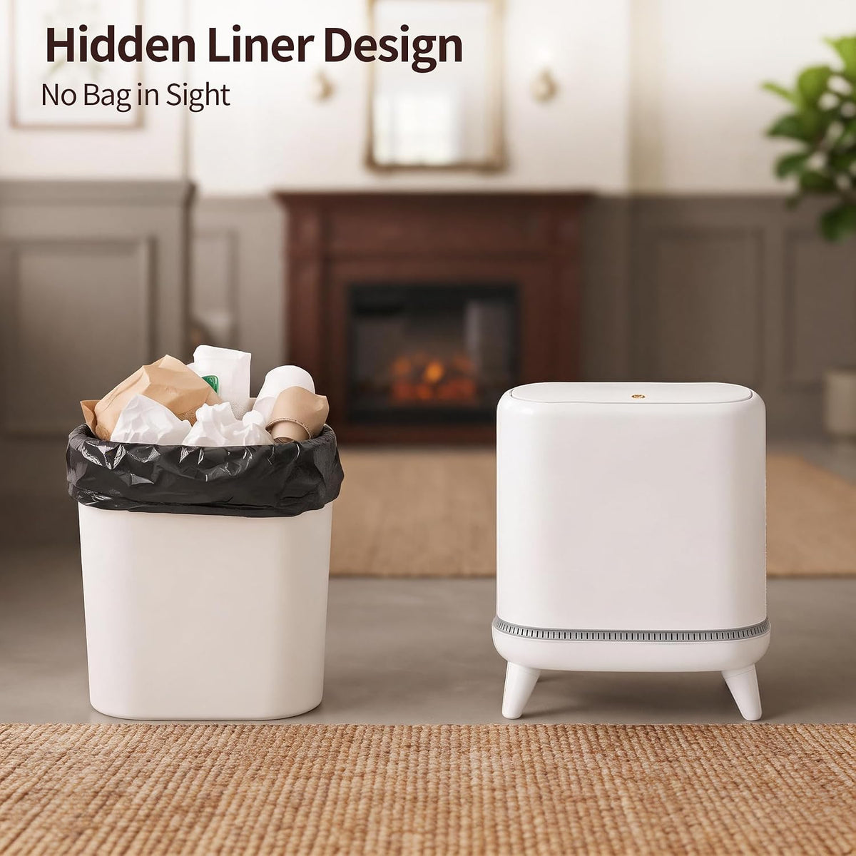 Slim Bathroom Trash Can with Lid, Narrow 3.3 Gallon Trash Can for Tight Spaces, Hidden Liner, Press-to-Open Lid, Patented Bag-Fit Design, Elevated Legs, White