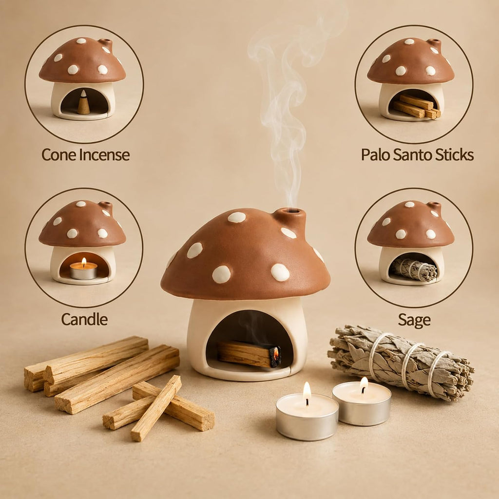 Ceramic Mushroom Incense Burner Palo Santo Sage Holder Home Decor