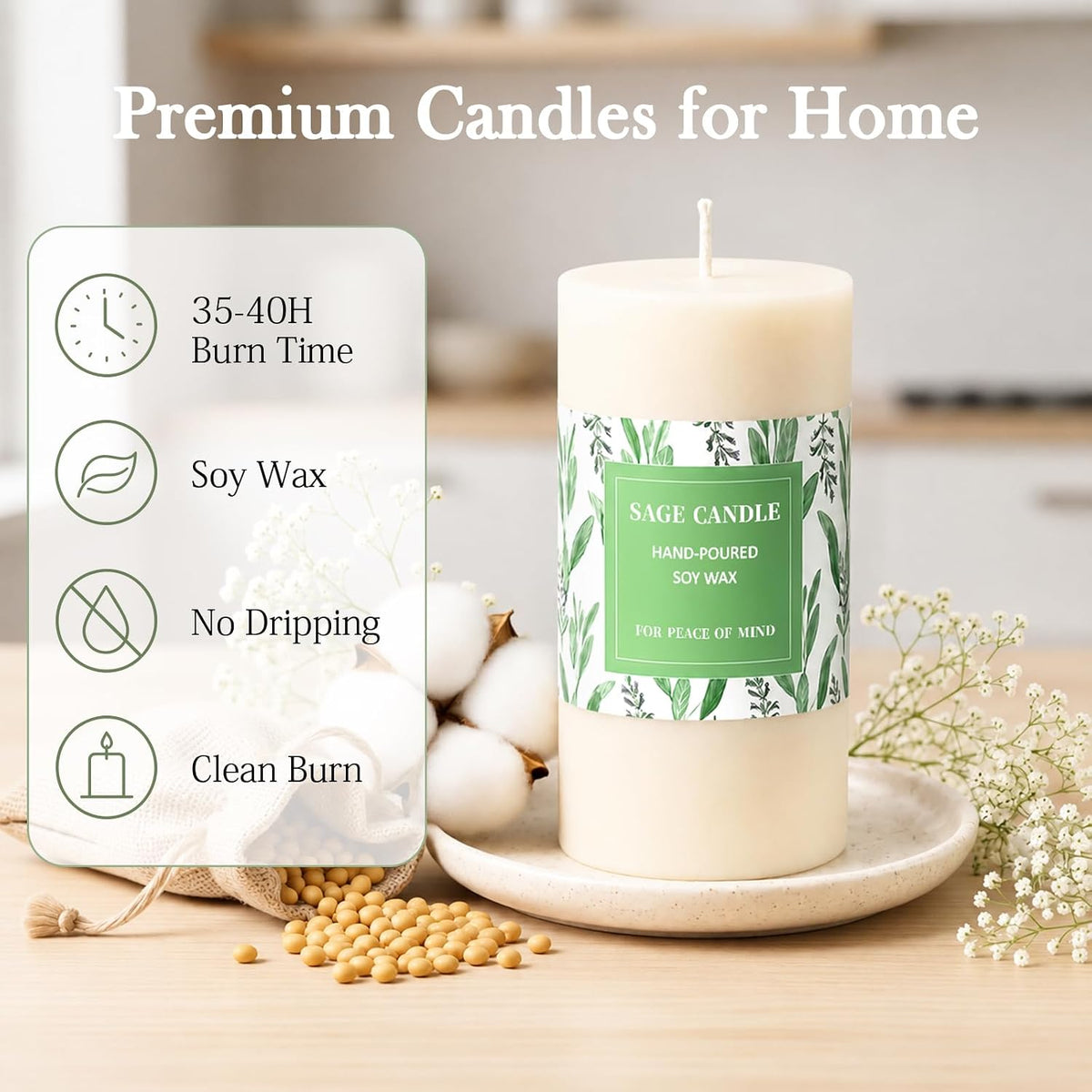 Sage Candles for Cleansing, 6 Pack 2 * 4 Inches White Pillar Candles for Home, Long Burn Soy Candle, Candle Gift Set for Women