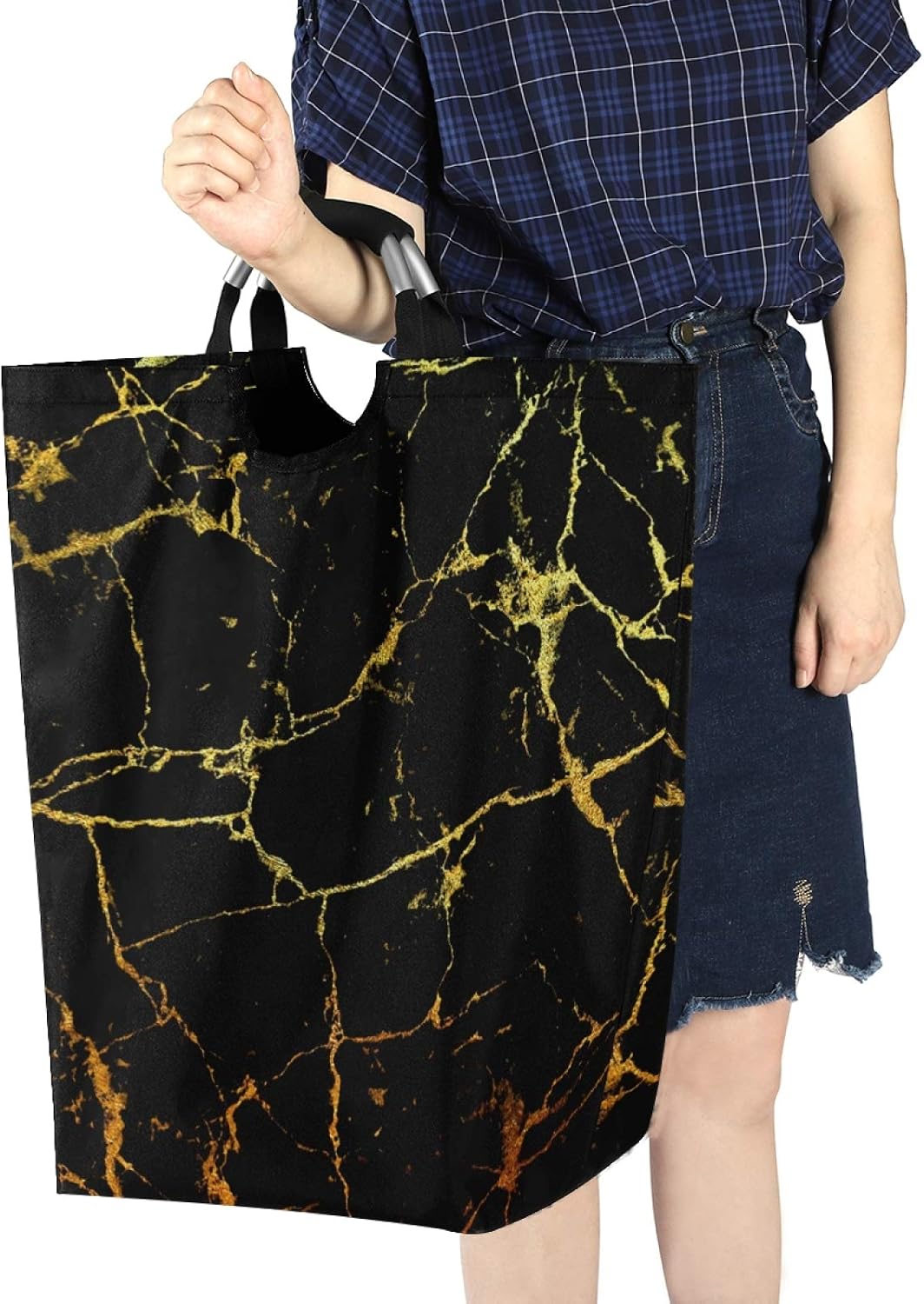 ALAZA Large Laundry Hamper Basket Black Marble With Gold Geometric Laundry Bag Collapsible Oxford Cloth Stylish Home Storage Bin with Handles, 22.7 Inch