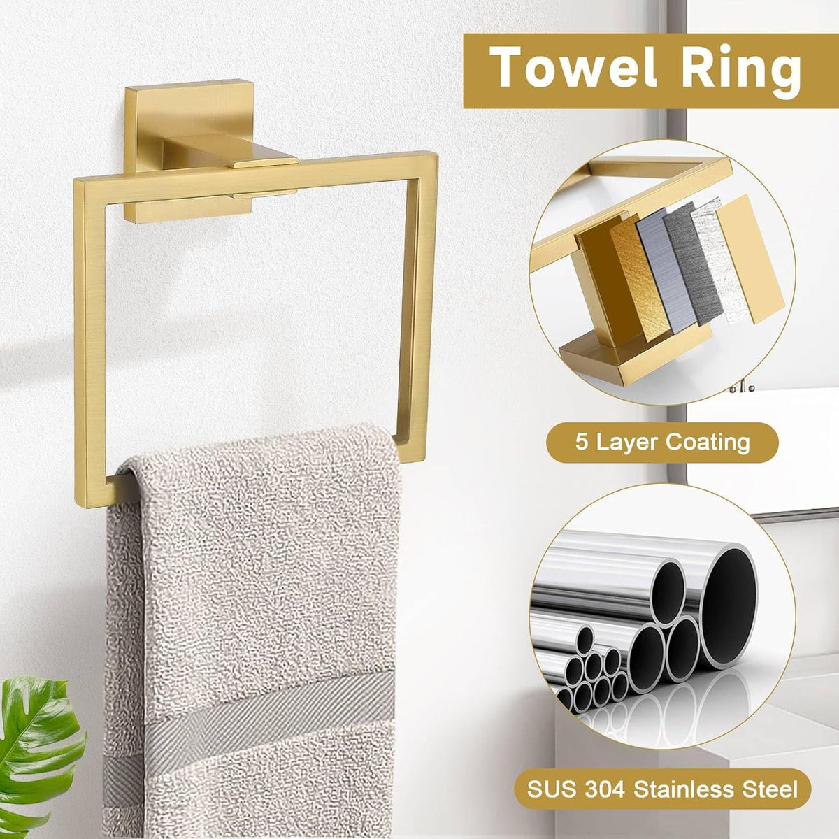 Brushed Gold 10 Pieces Bathroom Hardware Accessories Set Towel Bar Set Towel Holder&Racks Set for Bathroom,SUS304 Stainless Steel,Wall Mounted 16-Inch