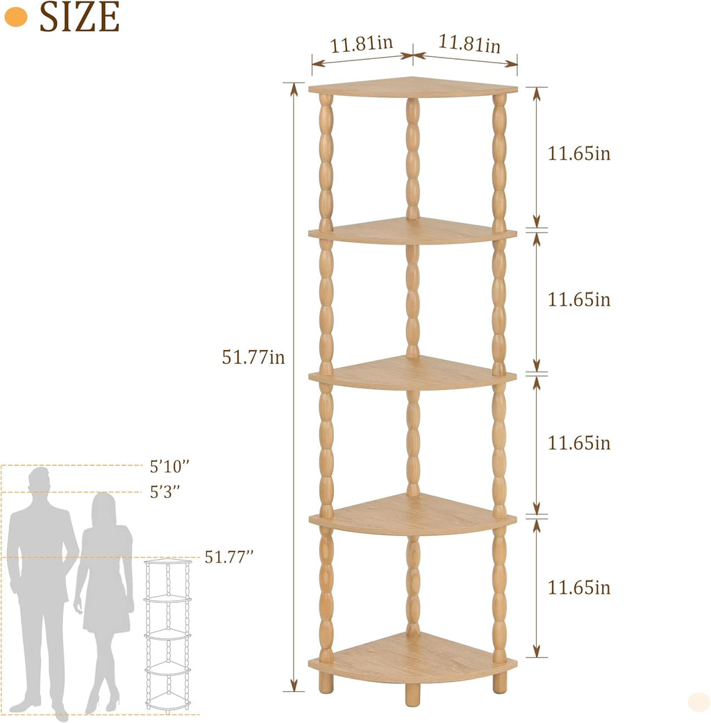 MaxSmeo Corner Bookshelf, 5-Tier Corner Shelf Stand, Modern Corner Plant Shelves with Storage, for Bedroom, Bathroom, Kitchen, Living Room (Rustic Walnut)