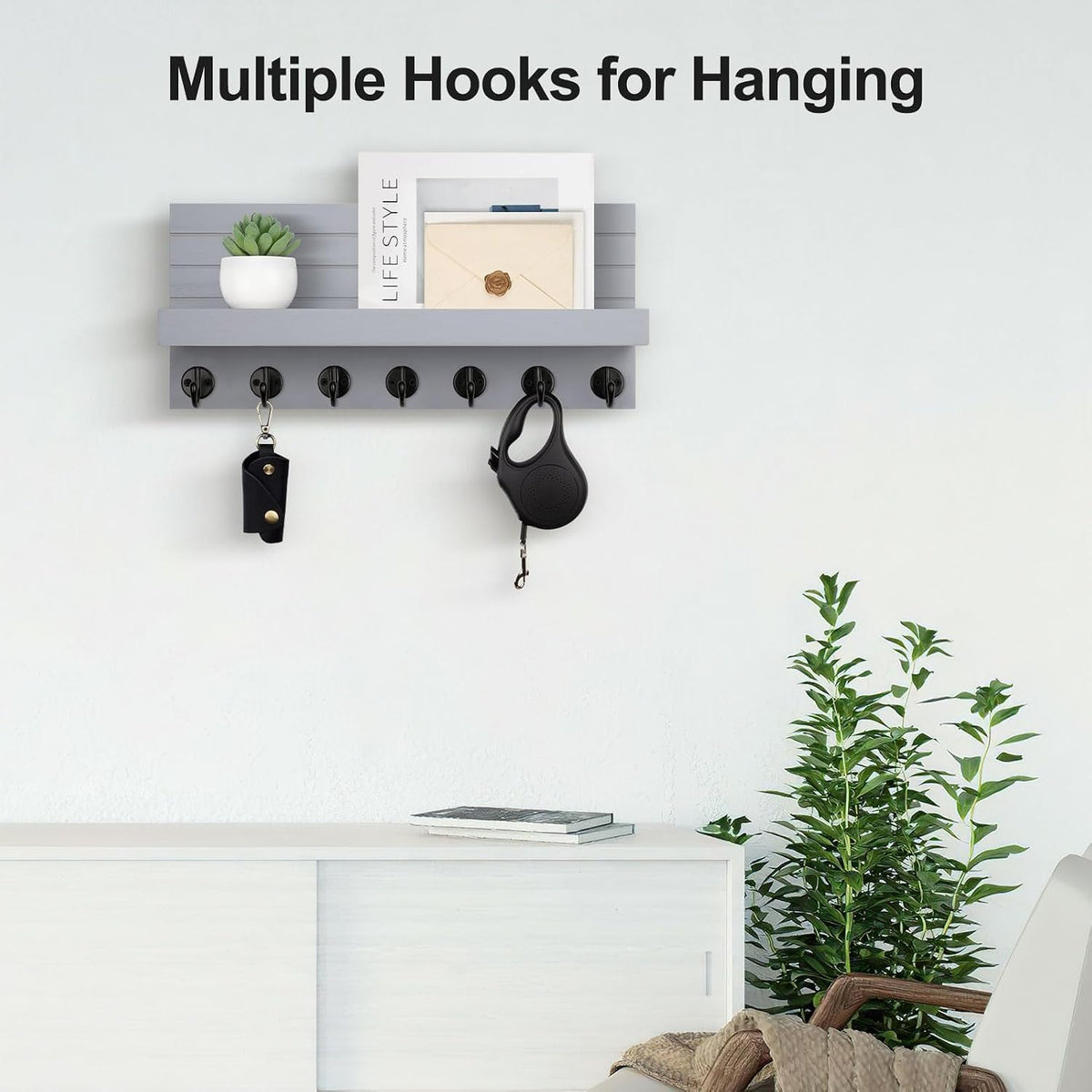 Lwenki Key Holder Wall Mount, Entryway Key and Mail Holder with 7 Sturdy Hooks for Sunglasses, Dog Leash, Decorative Wall Shelf with Mounting Hardware, 15”W x 6.7”H x 4.2”D (Gray)