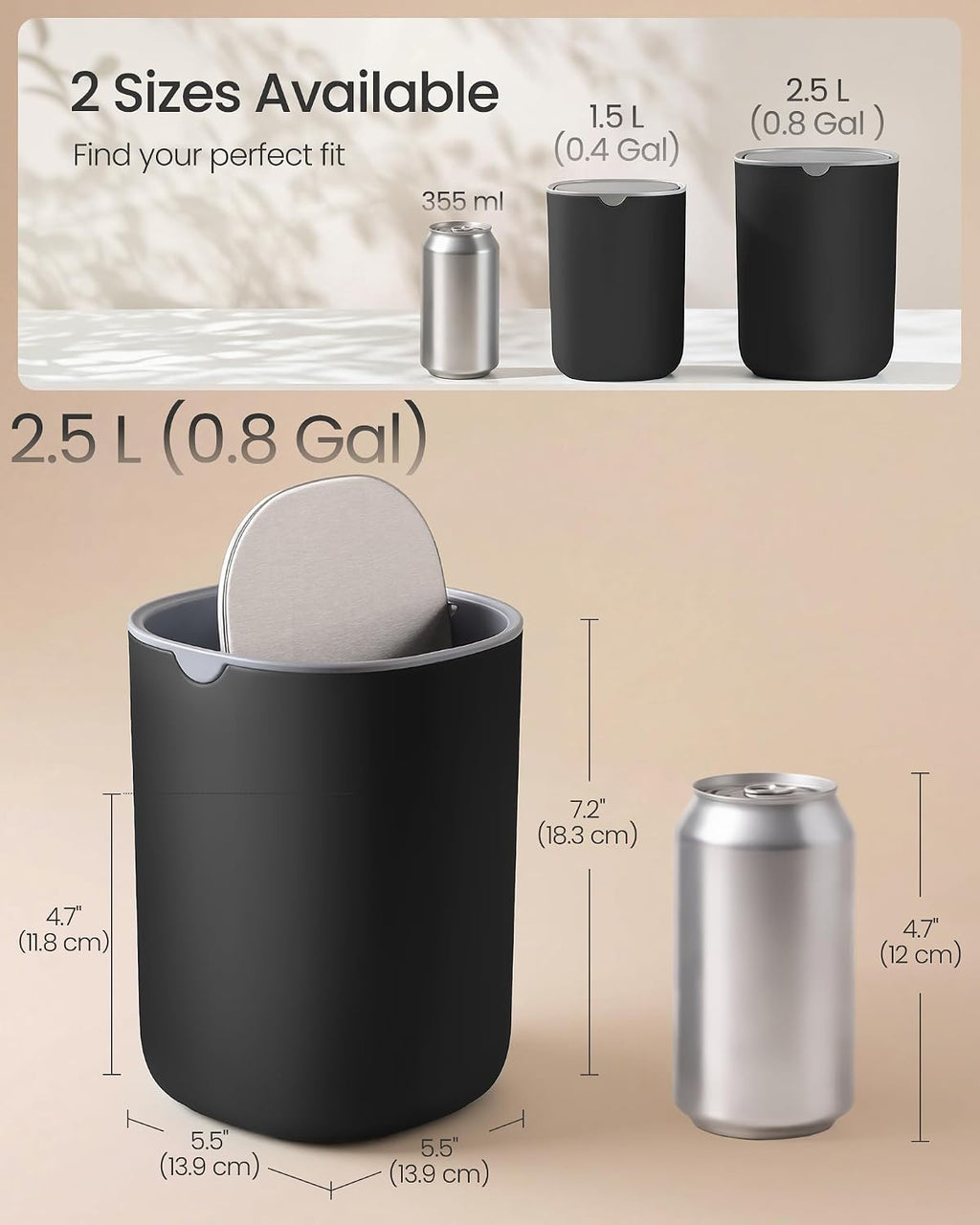 SONGMICS Mini Desk Trash Can, Round, Stainless Steel Swing Lid, 0.7 Gal.