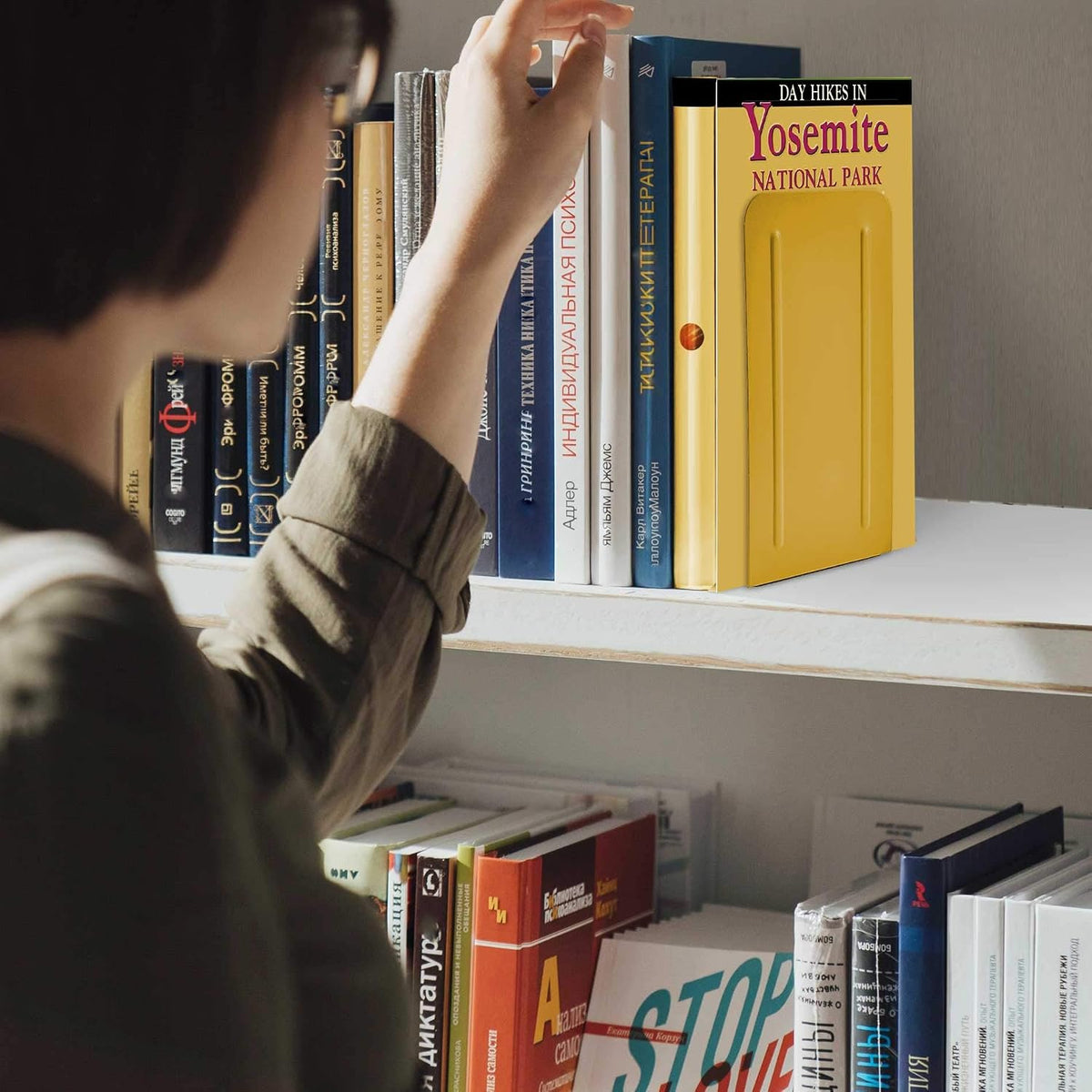 Acrimet Bookends for Shelves, Non-Skid Book Holder, Heavy Duty Book Stopper, Steel Metal Book Ends Storage for Home, Library, 6 7/8" H x 4" W x 4 1/2" D (Yellow) (1 Pair / 2 Pieces)