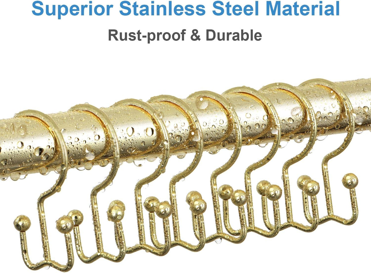 TOPROD 12 Pack Shower Curtain Hooks Rings, Double Sided Shower Hooks for Shower Curtain, Stainless Steel Shower Rings Rust Proof for Bathroom Shower Curtain Rod Curtains, Free Gliding, Gold
