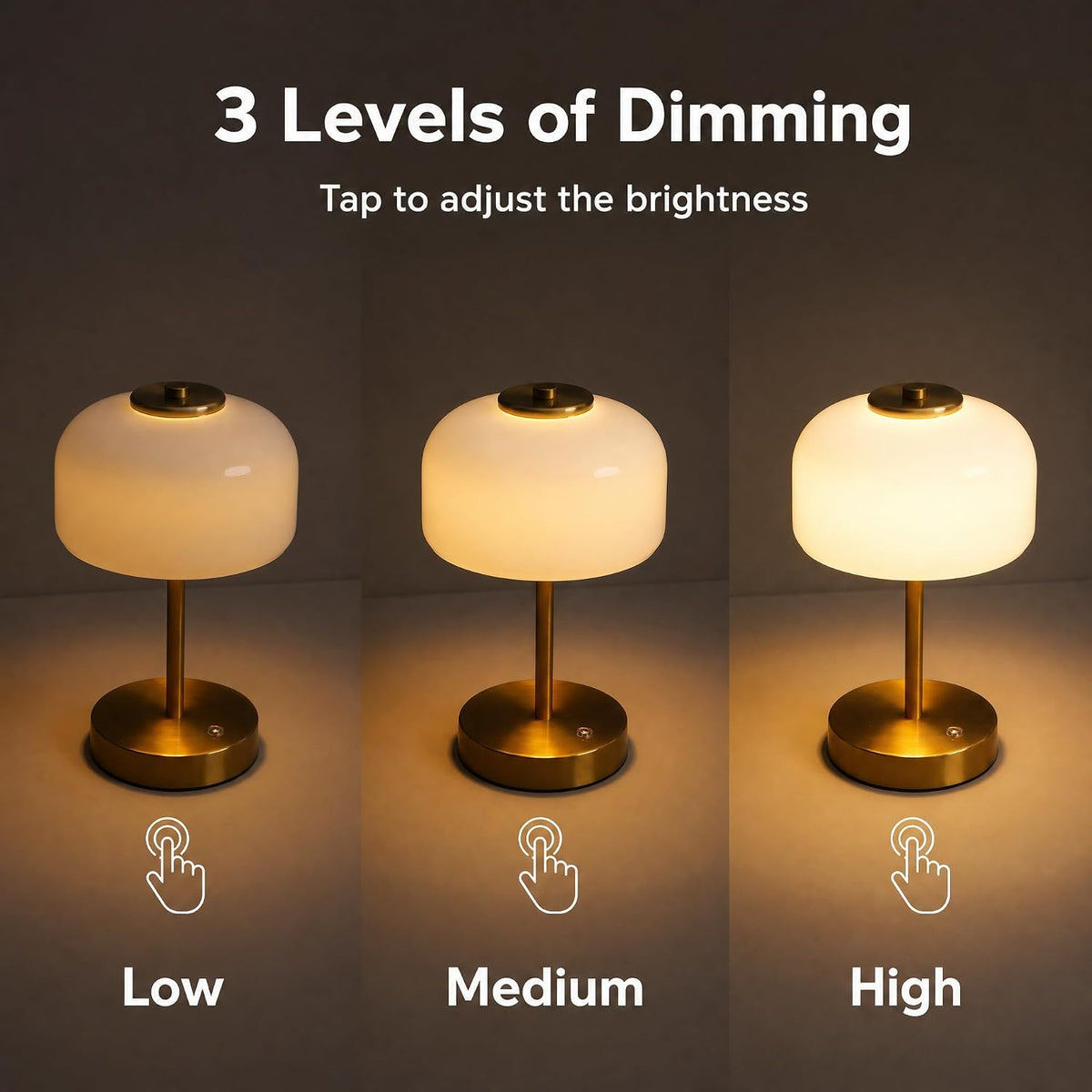 Cordless LED Table Lamp, Rechargeable Battery Operated Mushroom Desk Lamp, 3-Level Touch Dimming, Portable Metal & Glass Nightlight for Bedroom, Living Room, Restaurant, Gold