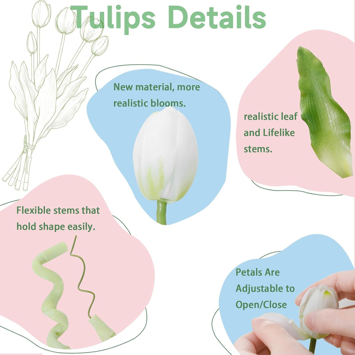15 Pcs White-Light Pink-Light Purple Artificial Tulips Fake Flowers, Premium Latex Lifelike Texture, UV Resistant Waterproof Faux Tulip Bouquets with Snap-on Petals for Outdoor, Home, Wedding Decor
