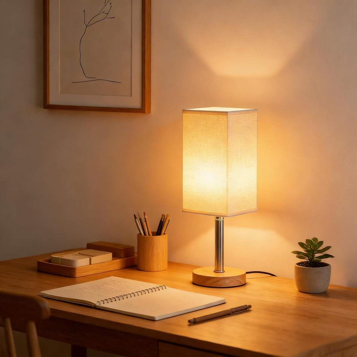 Small Table Lamp for Bedroom, Bedside Lamp with 3000K Warm LED Bulb Included, Nightstand Lamp for Living Room Office Dorm Kids Room, Easy Assemble Minimalist Cream Shade & Wood Base(5W)