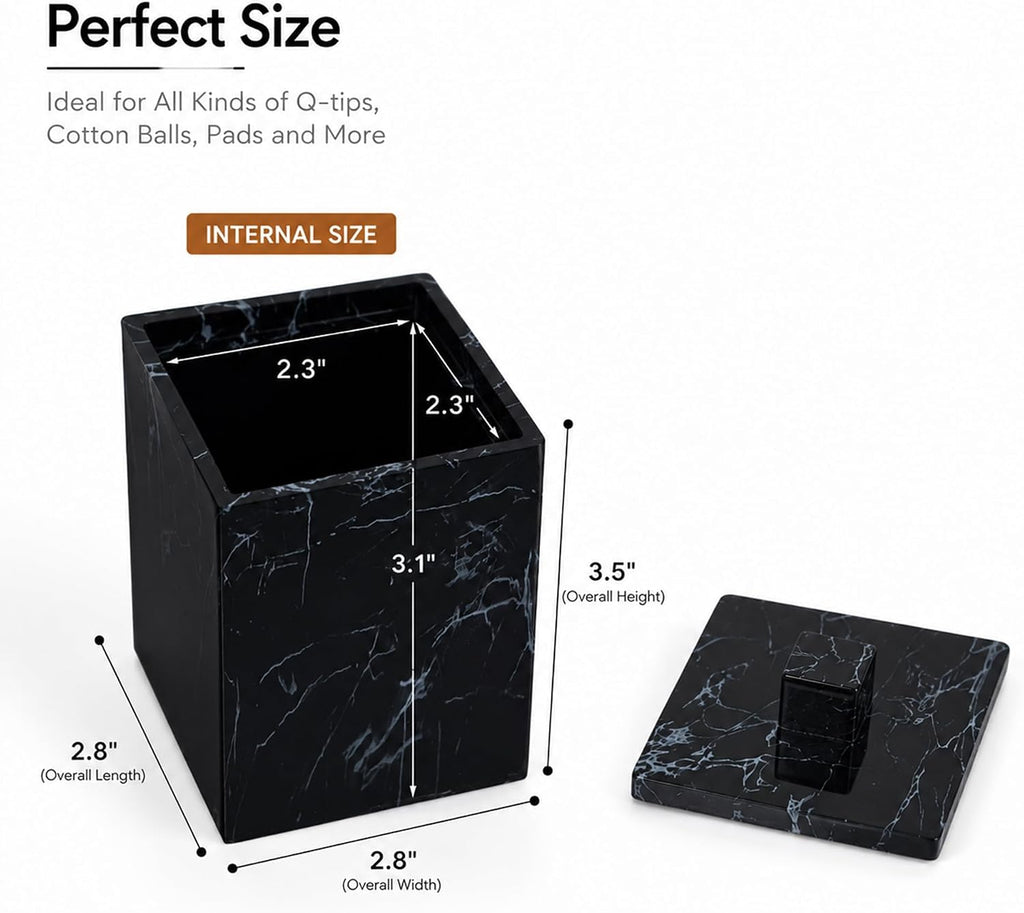2-Pack Marble Pattern Cotton Swab Holders with Lids, Resin Bathroom Vanity Storage Jars, Square Qtip Containers for Cotton Balls, Pads, and More (Black)