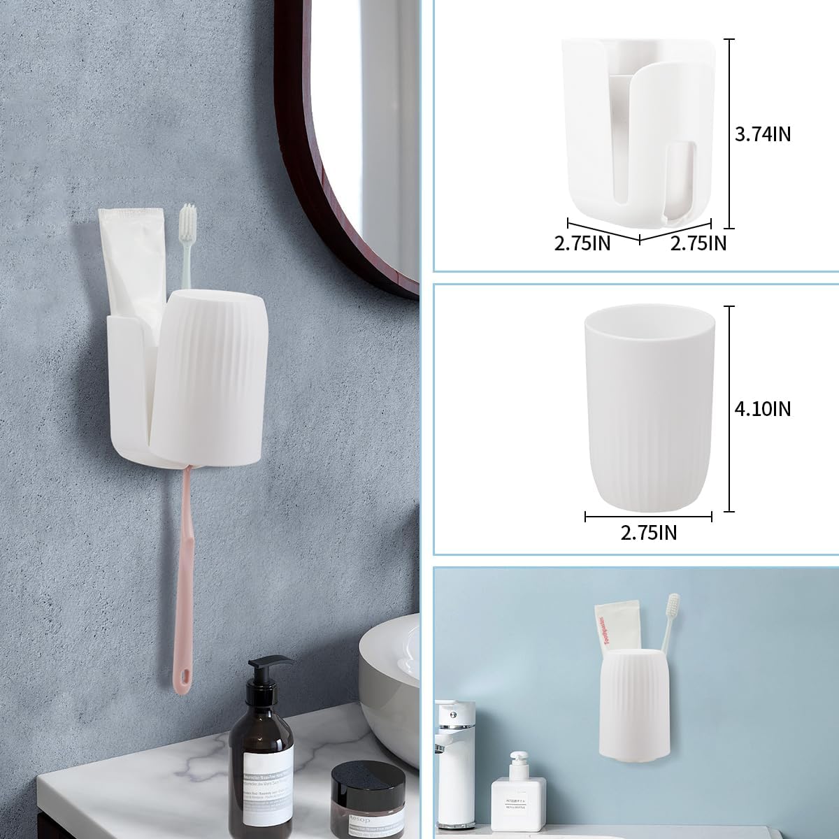 Toothbrush Holders for Bathrooms Toothbrush Holders Wall Mounted BPA-Free Tooth Brush Holder with Toothbrush Cup Drilling-Free (White)