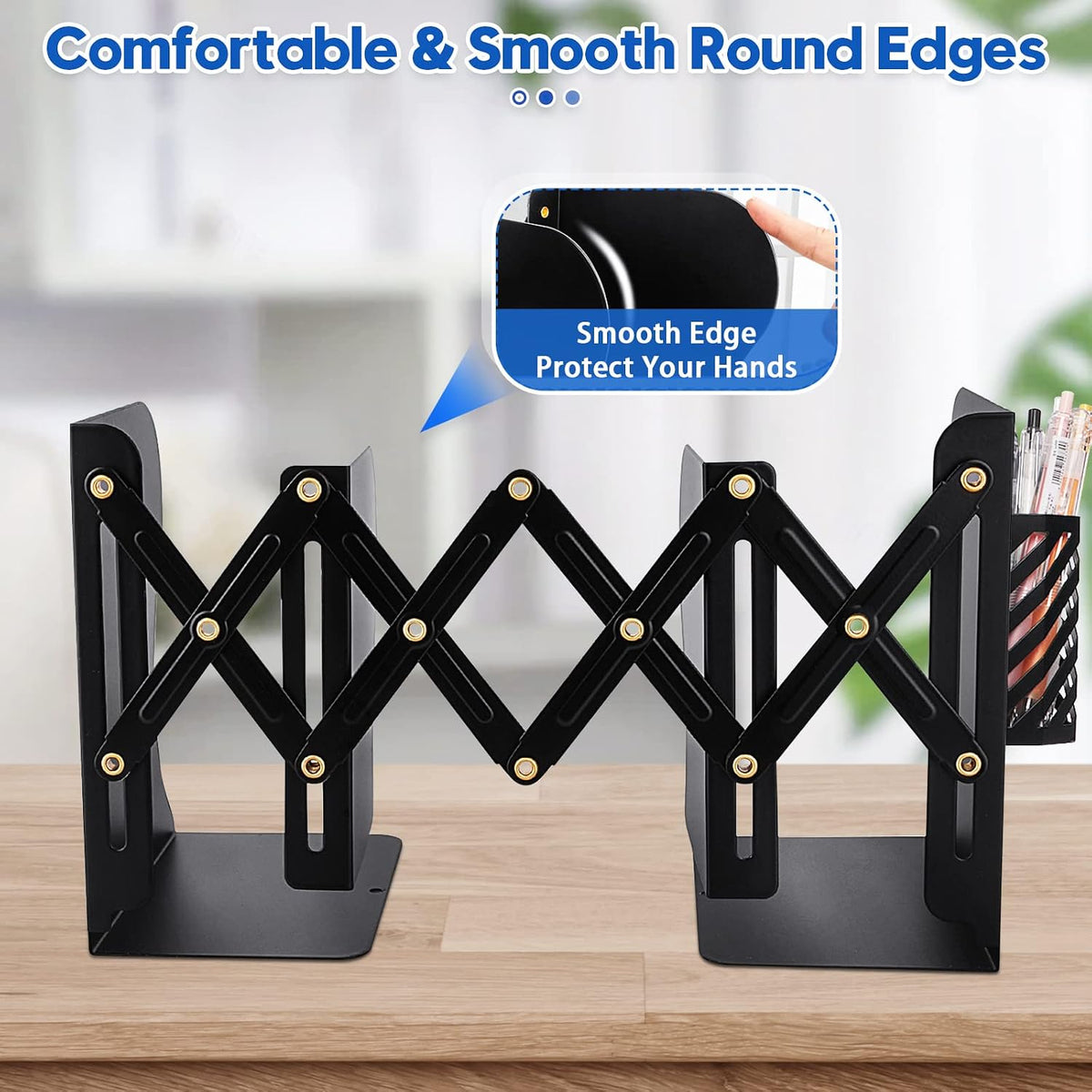 Heavy Duty Book End to Hold Books + Detachable Pen Holder, Adjustable Bookends Book Holder for Shelves, Decorative Book Organizer for Desk, Sturdy Metal Book Ends Binder Holder for Tabletop