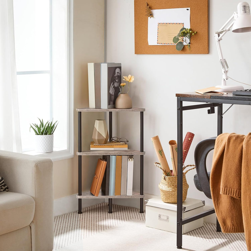 HOOBRO Corner Shelf Stand, Industrial 3-Tier Wall Corner Bookshelf with Metal Frame, Plant Display Shelf, Bookcase for Small Spaces, Living Room, Greige and Black BG30CJ01