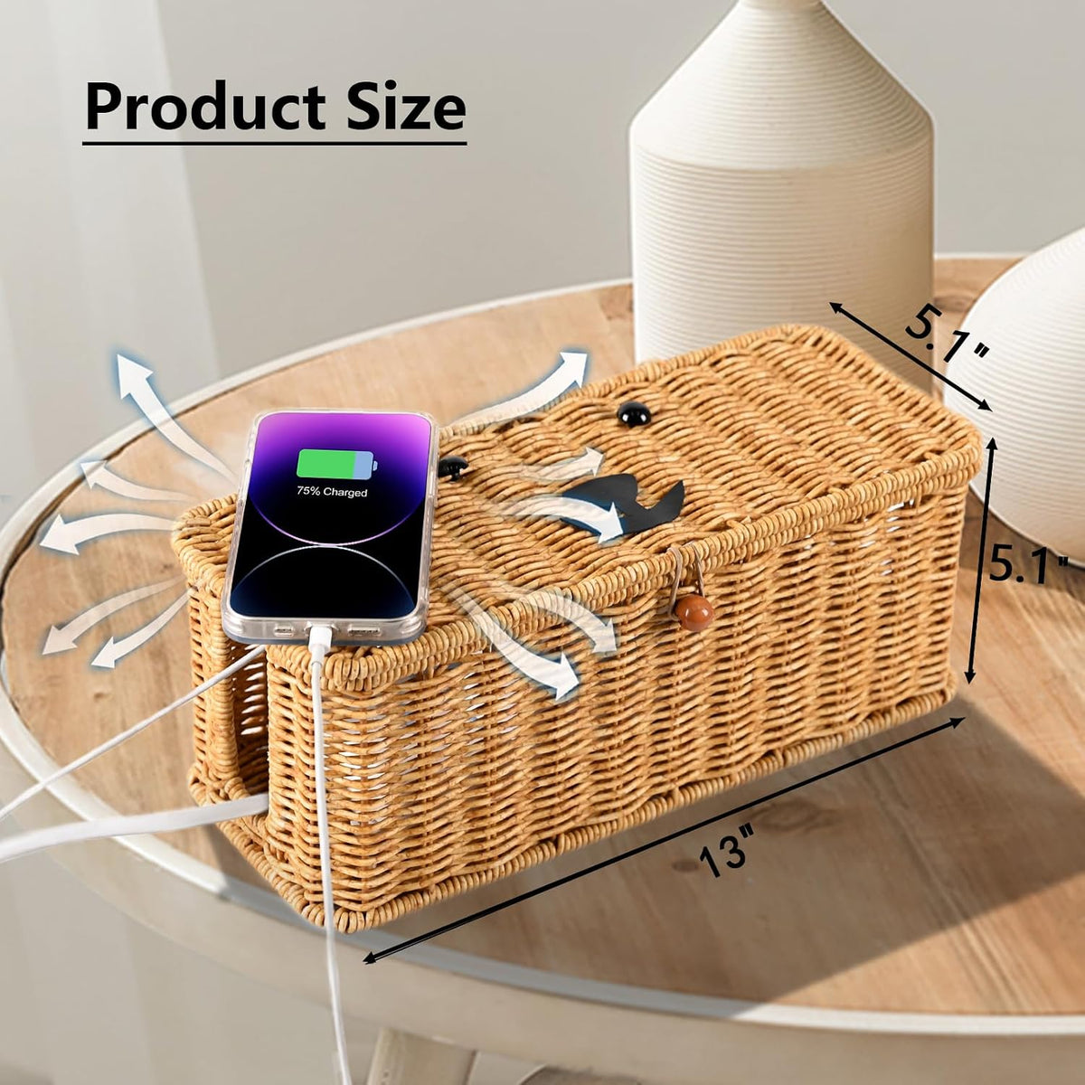 Cord hider box,Imitation rattan cable management organizer storage box with lid 2 open slots extension cord keeper charging basket cover under desk for hide wire cords and power strip-13"L*5.1"W