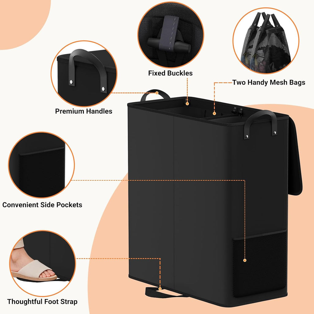 155L 2 Section Laundry Hamper with Lid, Laundry Basket, Black