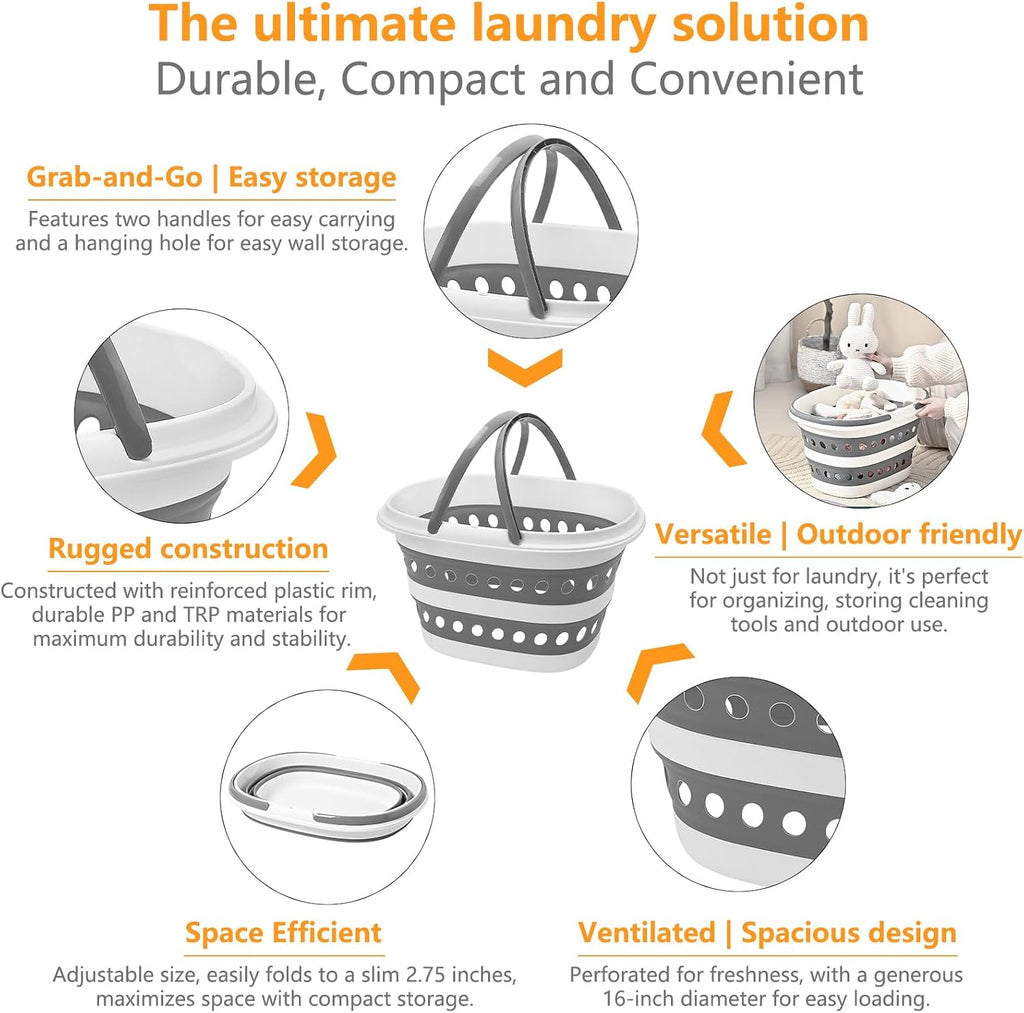 Compact Collapsible Laundry Basket, Small Pop-Up Hamper, Foldable, Gray