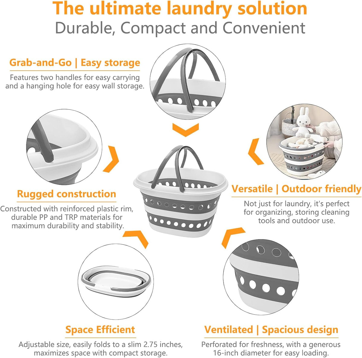 Compact Collapsible Laundry Basket, Small Pop-Up Hamper, Foldable, Gray