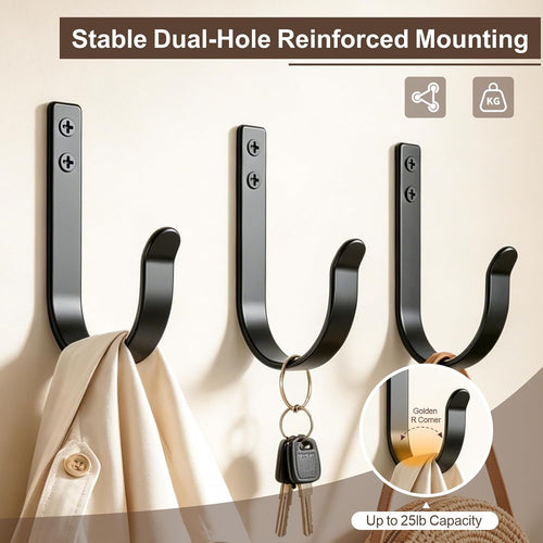 10 Pack Large Black Metal Wall Hooks for Coats and Towels
